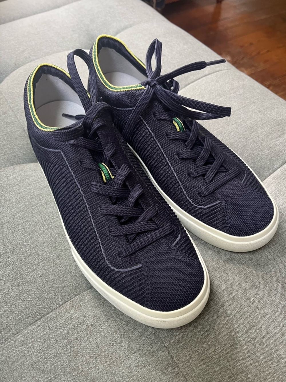 Rothy's the Lace-Up Knit Comfort Casual Sneaker in Navy with Lime Green Trim